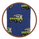 Bartleby’s blue Funky Welly Socks with a close up of the repeating pattern of a green 4x4 vehicle.