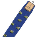 Bartleby’s blue Funky Welly Socks with a repeating pattern of a green 4x4 vehicle.