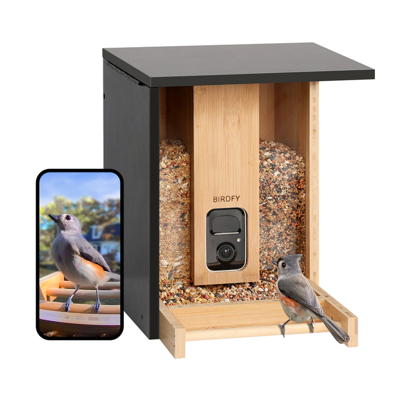 Birdfy Smart Bird feeder with camera and phone showing bird images on a white background