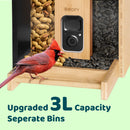 Bird feeder with a camera and separate bins for different types of bird seeds, featuring a cardinal bird.