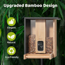 Bamboo bird feeder with birdseed, labeled 'Upgraded Bamboo Design', on a green leafy background.