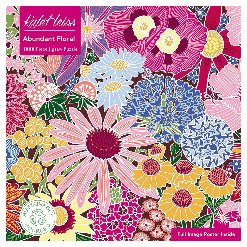 Floral puzzle packaging with colorful flowers and 'Katie Leiss' branding.