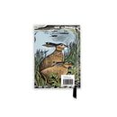 Reverse of 2027 pocket diary featuring an illustrated cover with two hares in a grassy field beside a lake, Artwork by Angela Harding, Ratling Hares. Shown on a plain white background.