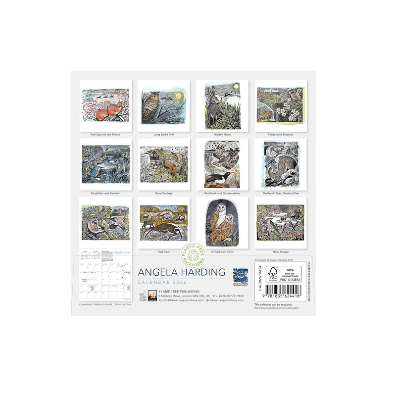 Calendar backing 12 illustrations of animals by month by Angela Harding on a white background
