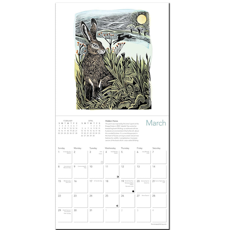 Calendar page with a rabbit illustration for March on a white background
