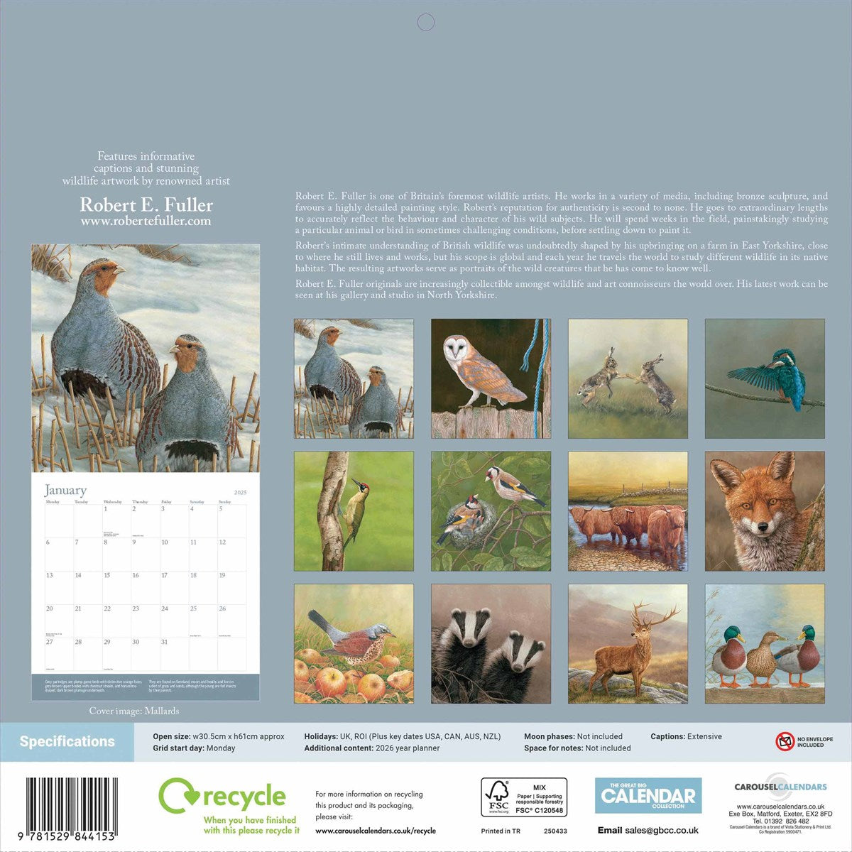 Square Wall Calendar 2025 - British Wildlife in Art by Robert Fuller