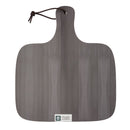 A gray wood-look serving board with a handle and a dark brown hanging cord, shown on a plain white background. A small white label is visible near the bottom edge.
