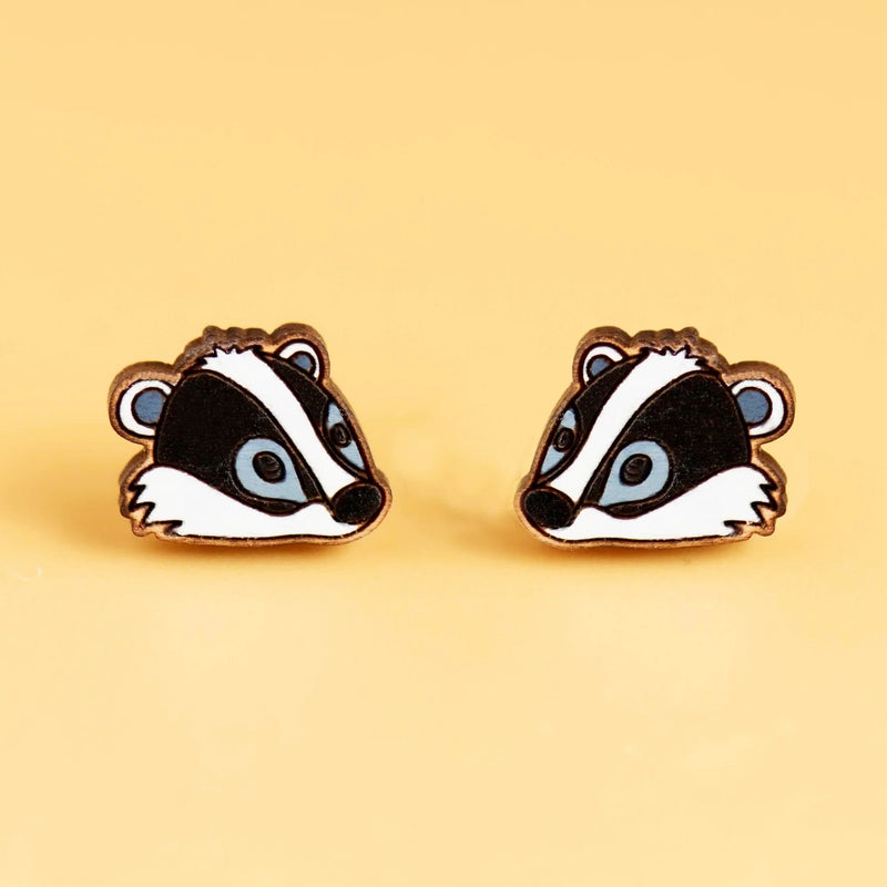 Robin Valley hand-painted Badger cherry wood earrings