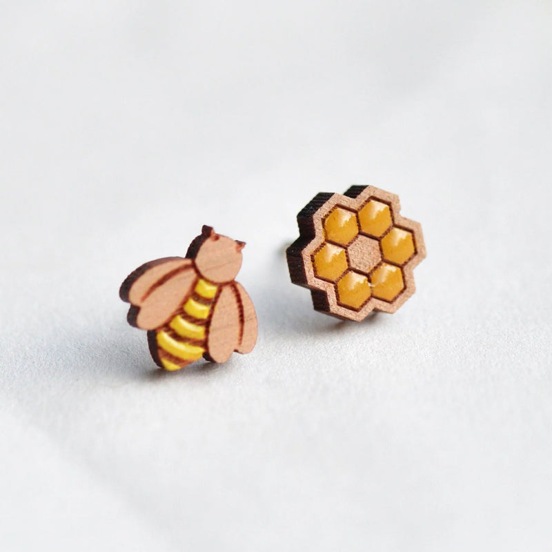 Hand-painted bee hive cherry wood earrings