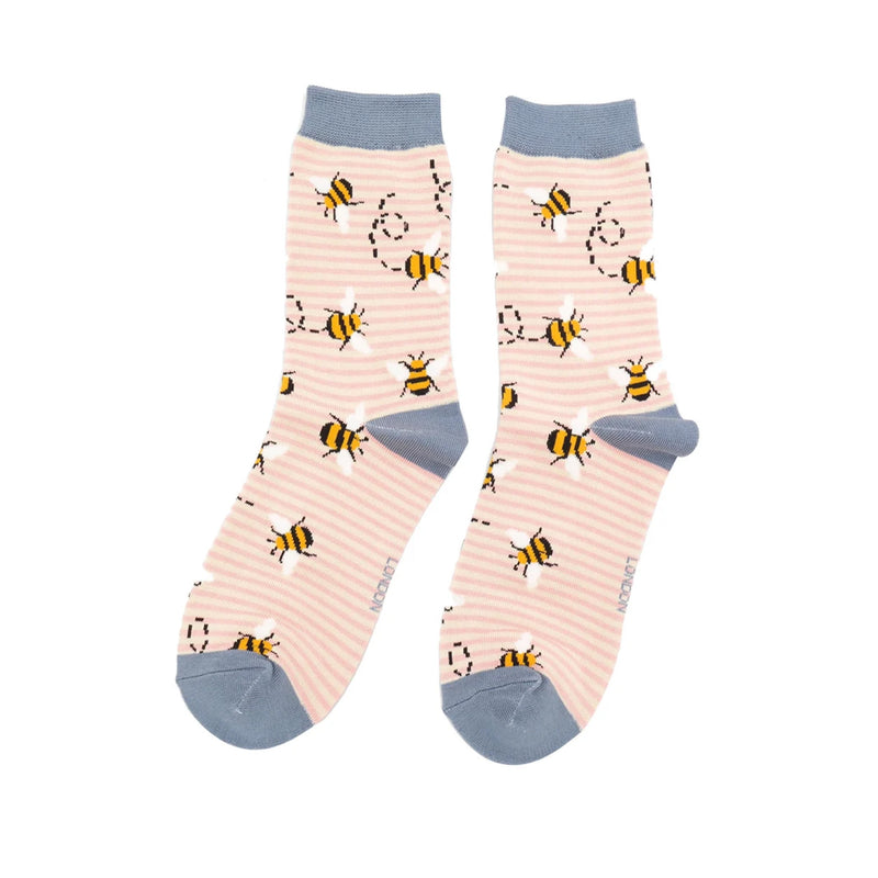 Ladies bees stripes socks - dusty pink and cream