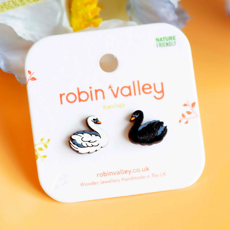 Robin Valley black and white swan earrings