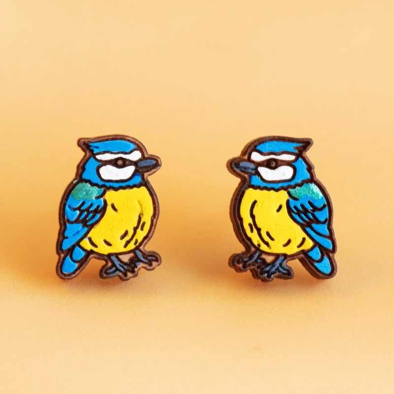 Hand-painted blue tit cherry wood earrings