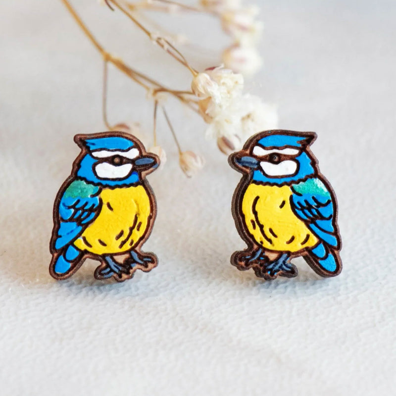 Hand-painted blue tit cherry wood earrings