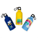 Three colorful kids' water bottles with carabiner clips on a plain white background. One bottle is blue with a bee and 'BEE HAPPY' graphic, one is bright yellow with three green frogs, and one is light blue with a rainbow and cloud graphic.