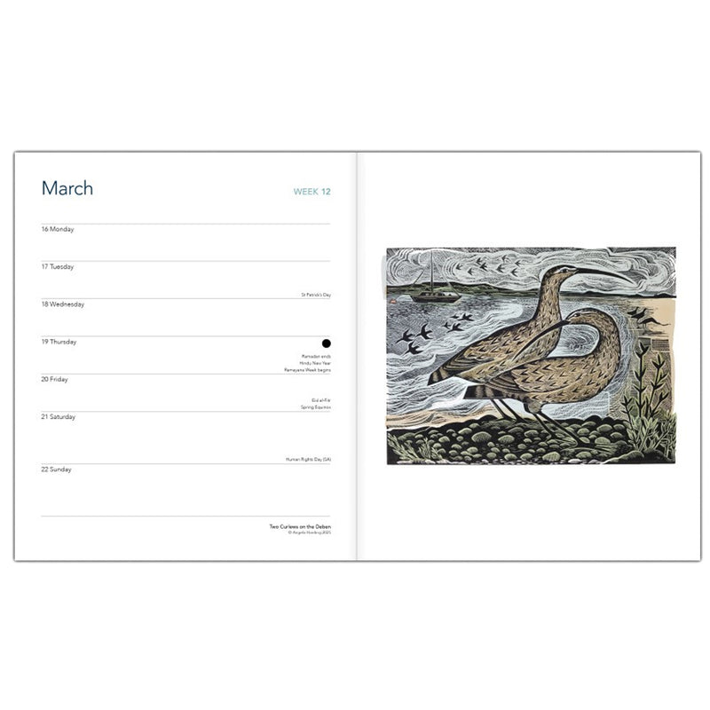 Calendar page with a bird illustration on a white background