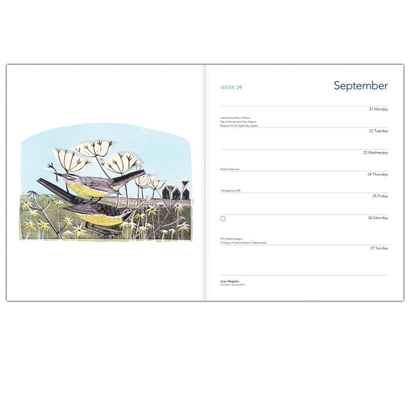 Calendar page with a bird illustration on the left and a list on the right for September.
