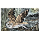 Angea Harding Illustration of an owl flying at night with a moonlit sky and buildings in the background.
