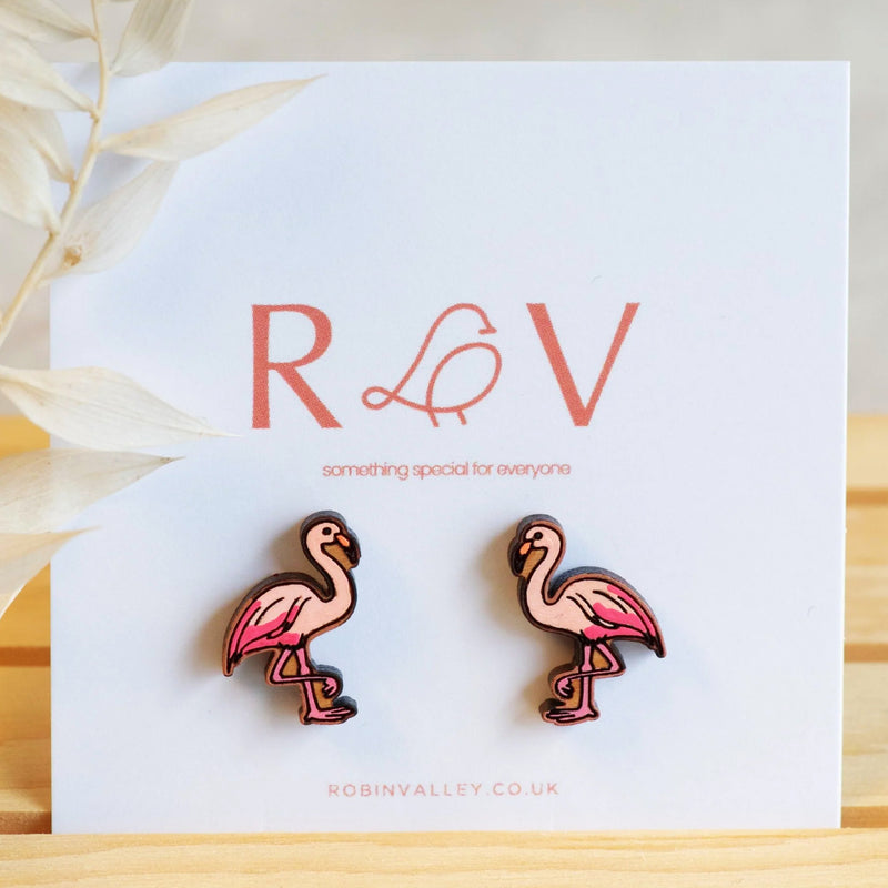 Robin Valley flamingo wooden earrings