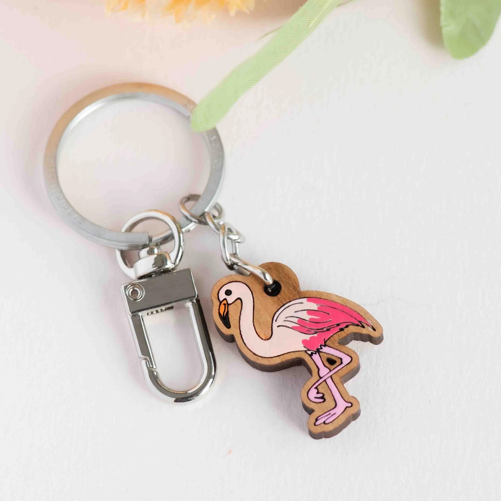 Robin Valley hand painted wooden keyring - flamingo