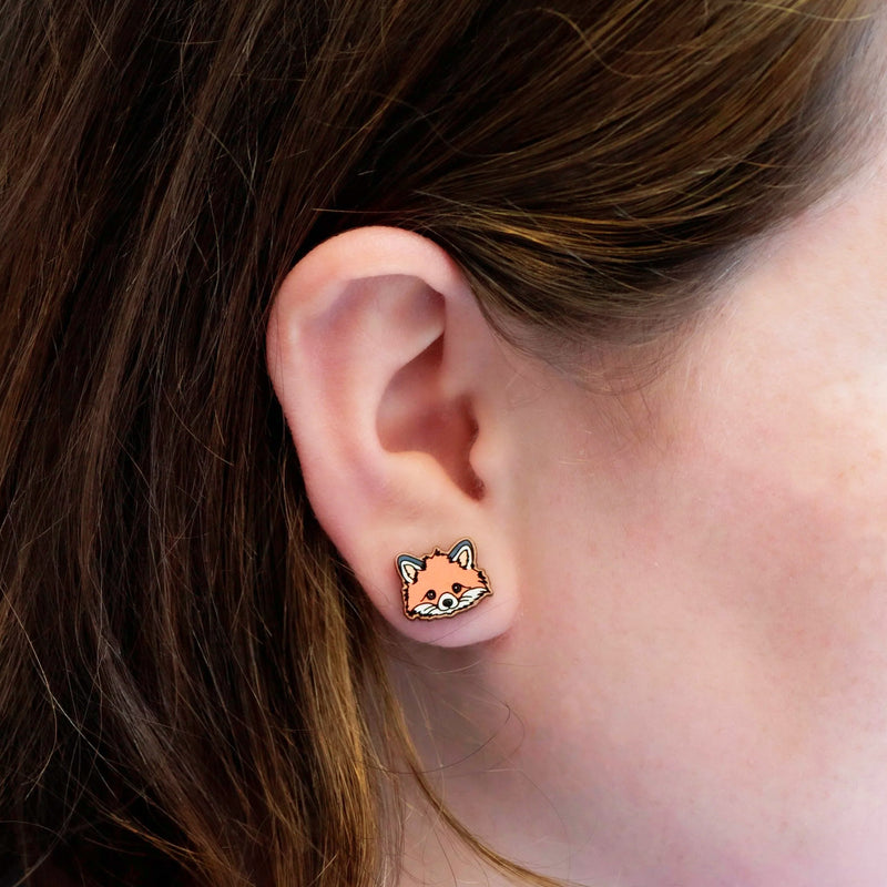 Hand-painted Red Fox Cherry Wood Earrings