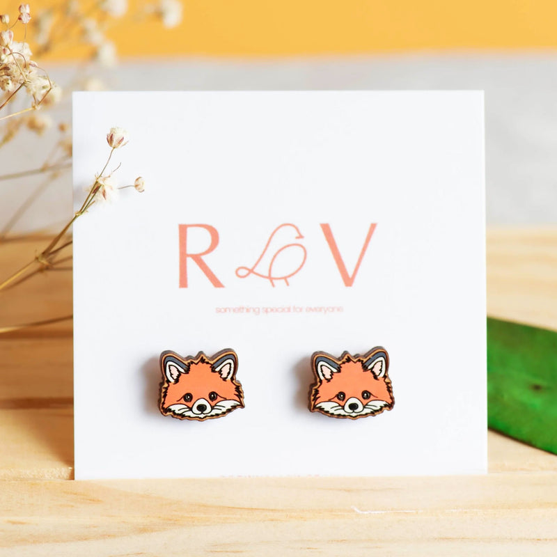 Hand-painted Red Fox Cherry Wood Earrings