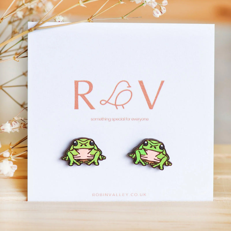 Hand-painted Frog Cherry Wood Earrings