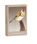 Playcard sized Jigsaw puzzle box with a goldfinch illustration on a beige background
