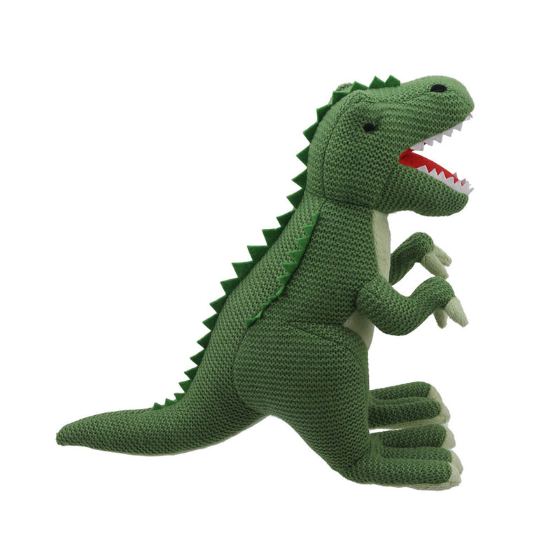 Green knitted T-Rex soft toy