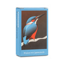 A 99-piece mini jigsaw puzzle box featuring a kingfisher bird on a branch with brown background, with a light blue box border and white text.