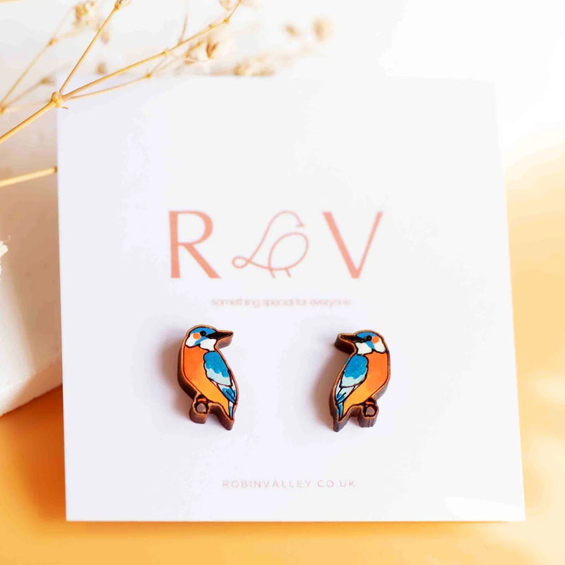 Hand-painted Kingfisher Cherry Wood Earrings