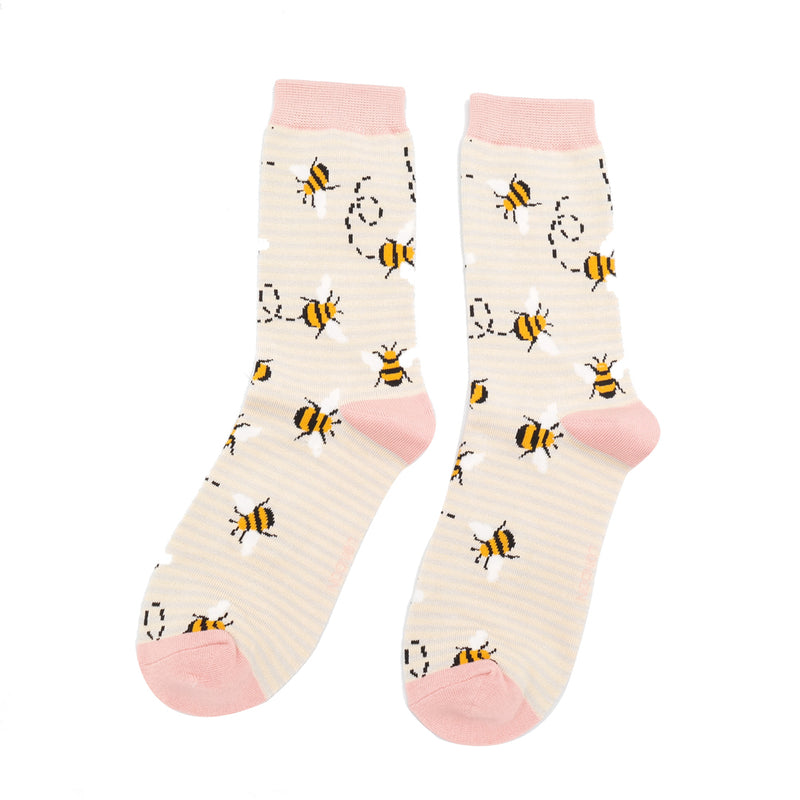 Ladies bees stripes socks - silver and cream