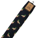 Bartleby’s navy Funky Welly Socks with a repeating pattern of mallards.