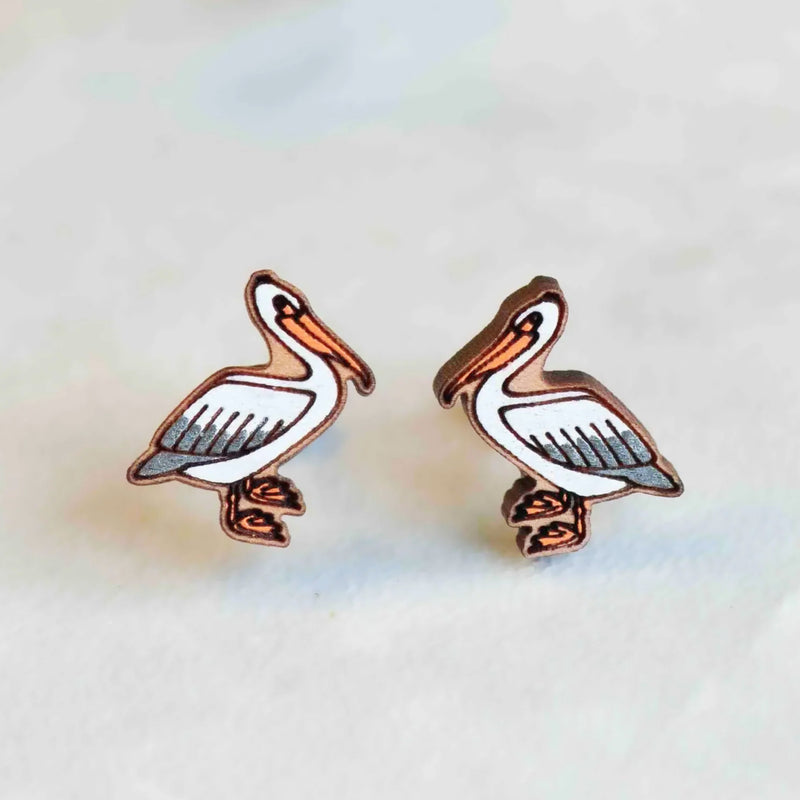 Robin Valley pelican wooden earrings