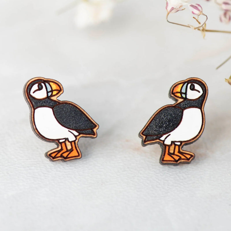 Woden puffin earrings