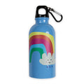 A blue water bottle with a black screw cap and carabiner clip, decorated with a colorful cartoon rainbow and smiling white cloud on the front, shown on a plain white background.