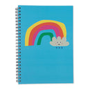 A spiral-bound notebook with a bright blue cover featuring a cartoon rainbow and smiling cloud illustration, shown on a plain white background.