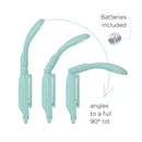 Mint Green Really Tiny booklight from comany called IF showing 90 degree tilt and batteries included. 