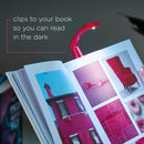 Really Tiny booklight Pink from Campany called IF. Clipped ot a book in the dark to show reading in the dark light.