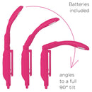 Really Tiny booklight Pink from Campany called IF. Shows 90degree tilt of clip on light and batteries included.