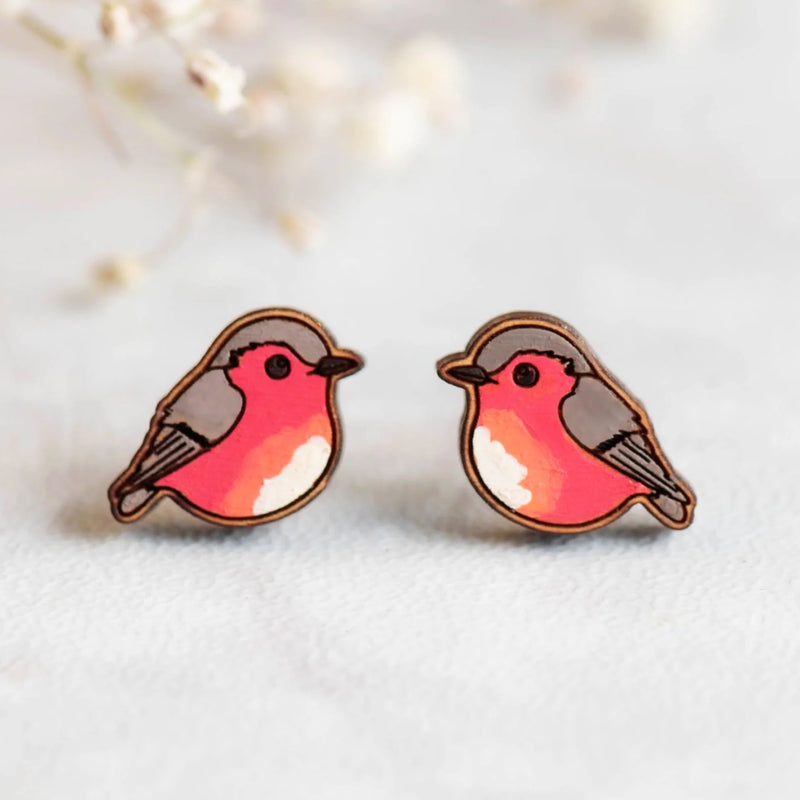 Robin Valley hand-painted robin cherry wood earrings