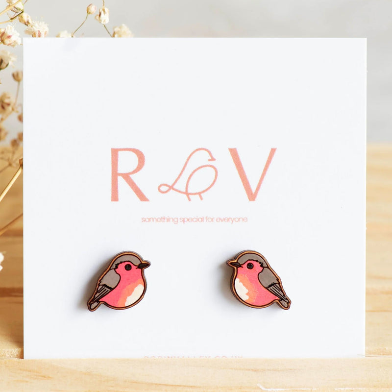 Robin Valley hand-painted robin cherry wood earrings