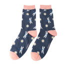 Pair of navy socks with dragonfly and flower pattern on a white background