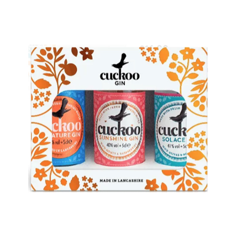 Cuckoo Gin from Brindle Distilery white gift box with gold embelishments - 3 5cl gin bottles.