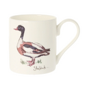 Shelduck mug featuring delicate wildlife artwork by Madeleine Floyd, showing a colourful Shelduck perched in her signature simple and elegant illustration style on a white mug.