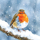 Watercolor-style illustration of a robin perched on a snowy branch in falling snow, with a soft blue-gray background.