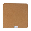 Reverse of square cork board tablemat with rounded corners and a small white label at the bottom, photographed on a plain white background.