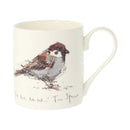 A white ceramic mug featuring a watercolor-style illustration of a tree sparrow.