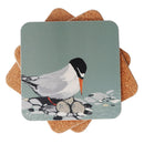 A square coaster with rounded corners featuring an illustration of a tern bird with eggs on rocks, shown stacked on a white background.