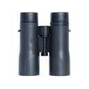A pair of black binoculars photographed from the back on a clean white background.