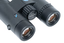 Close-up of a black binocular scope with a textured central adjustment knob labelled '8x42 PEREGRINE ED' and Viking Optical logo accents, shown on a white background.